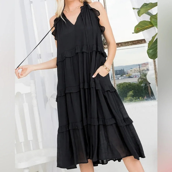 Talulah Black Ruffle Tiered Midi Dress Women's size Small - Picture 2 of 10